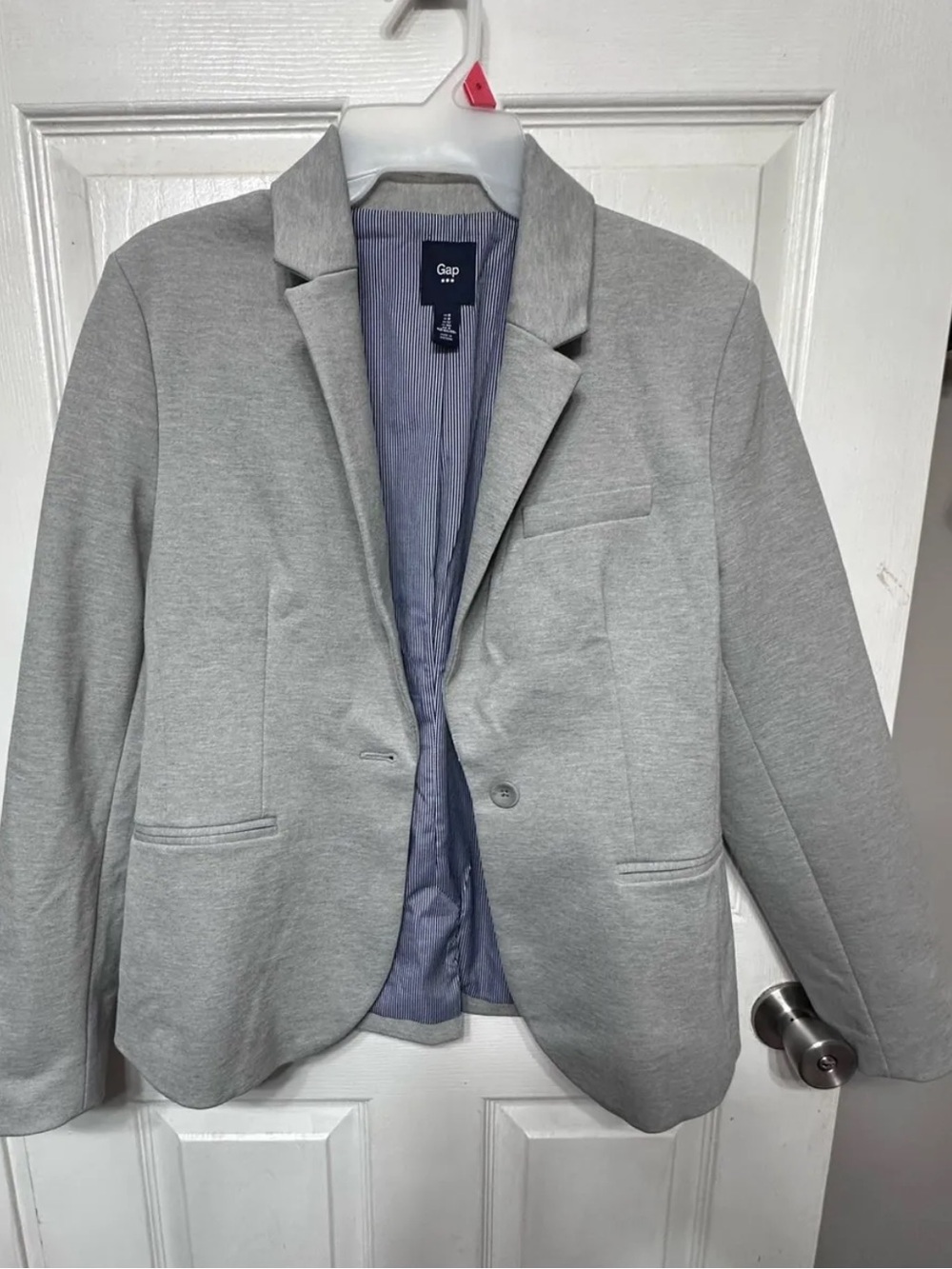 Gap Light Gray Blazer with navy and white striped interior